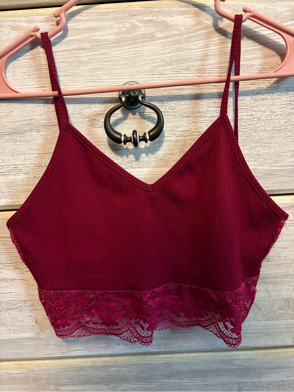 SHEIN Ribbed Lace-Trim Wine Red Bralette Bandeau